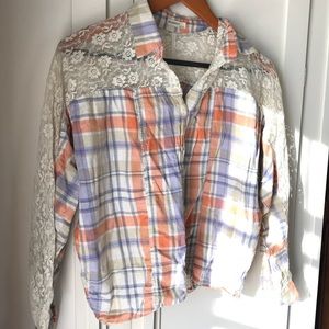 Comfy plaid and lace cropped button-up